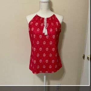 Women High Neck Floral Print Sleeveless T-Shirt Tank Top Red Medium
